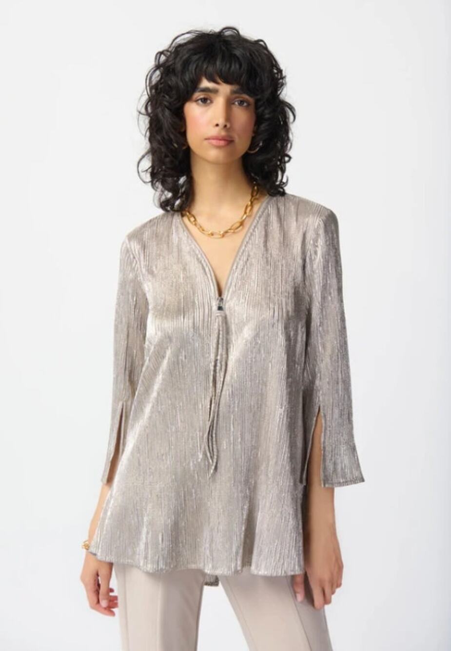 Joseph Ribkoff Textured Tunic Blouse Champagne Gold NWT Half Zip Women's 10